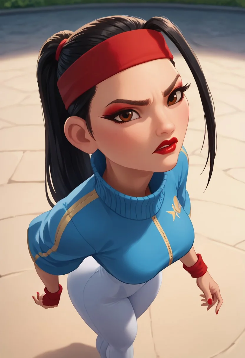 score_9, score_8_up, score_7_up, ultra quality, solo, 1girl, chang'e_tt, 1girl, asian, high ponytail (black hair, red headband), big eyelashes, brown eyes, makeup, red eyeshadow, red lipstick, red nails, red wristbands, blue track jacket (turtleneck, wide sleeves), light blue spandex, angry, pouting, big hips, big butt, bubble butt, breasts, narrow waist, curvy, score_9, score_8_up, score_7_up, score_6_up, looking at the viewer, standing, close up, view from above, face focus, screencap