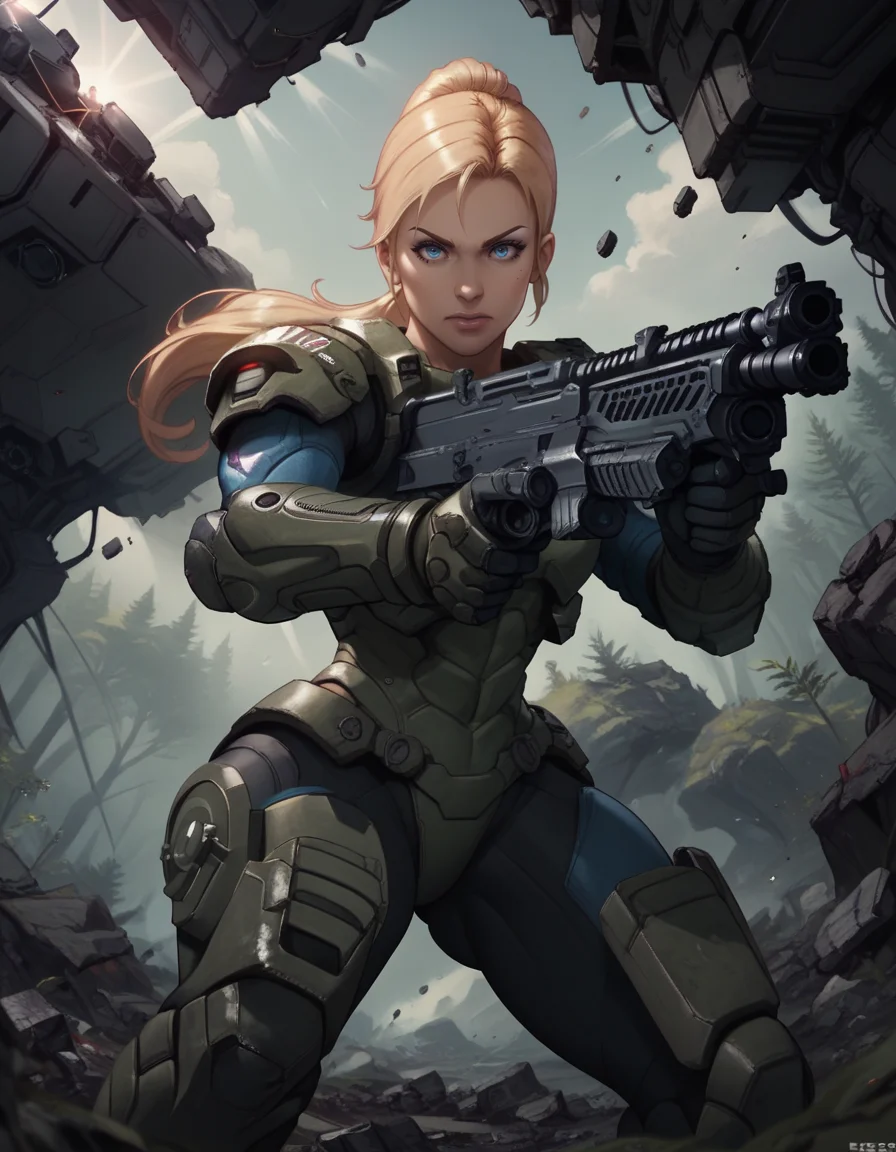 score_9, score_8_up, score_7_up,
1girl, solo,
icesstdg,
blonde hair, blue eyes, looking at viewer, ponytail,
armor,
science fiction, forest, spacecraft, debris,
from below, battle, fighting stance,
holding assault rifle,
<lora:Ice SS Troopers PXL v01-000001:0.90>