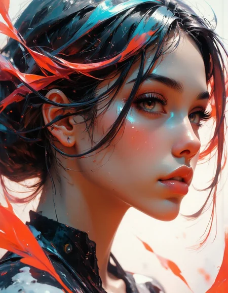 Sensational realistic extreme closeup anime painting of a woman, Long expressive painterly strokes, side view, looking away from viewer, abstract brush strokes, wide large blurred brush strokes, soft blush. dramatic lighting, blurred bokeh background, extreme up close, intimate, incredibly lifelike, dynamic flowing hair, ink smears, goosebumps, elegant long rainbow hair, gorgeous composition, romanticized, white vignette effect, timeless beauty, confident yet fragile look as she gazes into the depths of the unknown. light pastel Crimson and Galaxy Gold motion blur background, floating golden glowing particles, floating red petal leaves