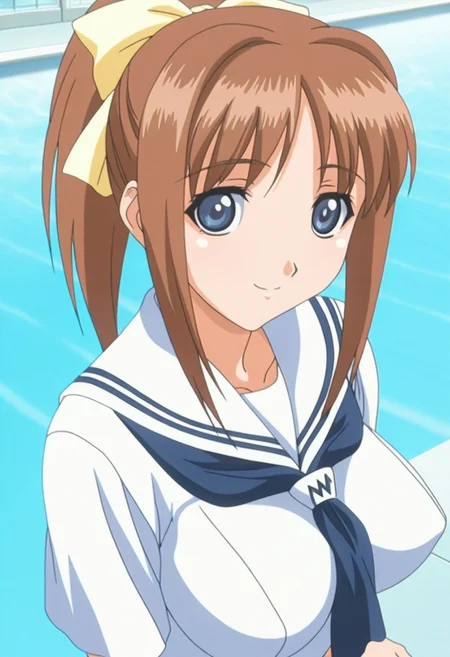 masterpiece, best quality, amazing quality, very aesthetic,
anime coloring, anime screencap, 2000s \(style\), 
1girl, solo,
shiomiya_kanami, brown hair, blue eyes, ponytail, large breasts, 
serafuku, poolside, 
smile, looking at viewer, 