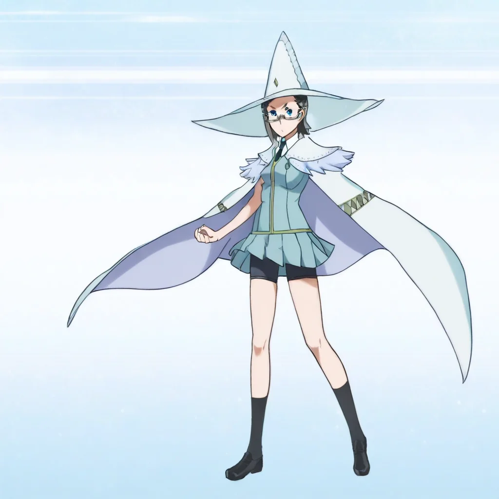 1girl, kotetsu katsura (character), glasses, black hair, blue eyes, short hair, semi-rimless eyewear, hair ornament, hairclip, small breasts, kotetsu witch (outfit), witch hat, pleated skirt, cape, bike shorts, school uniform, necktie, shorts under skirt, black socks, black footwear,