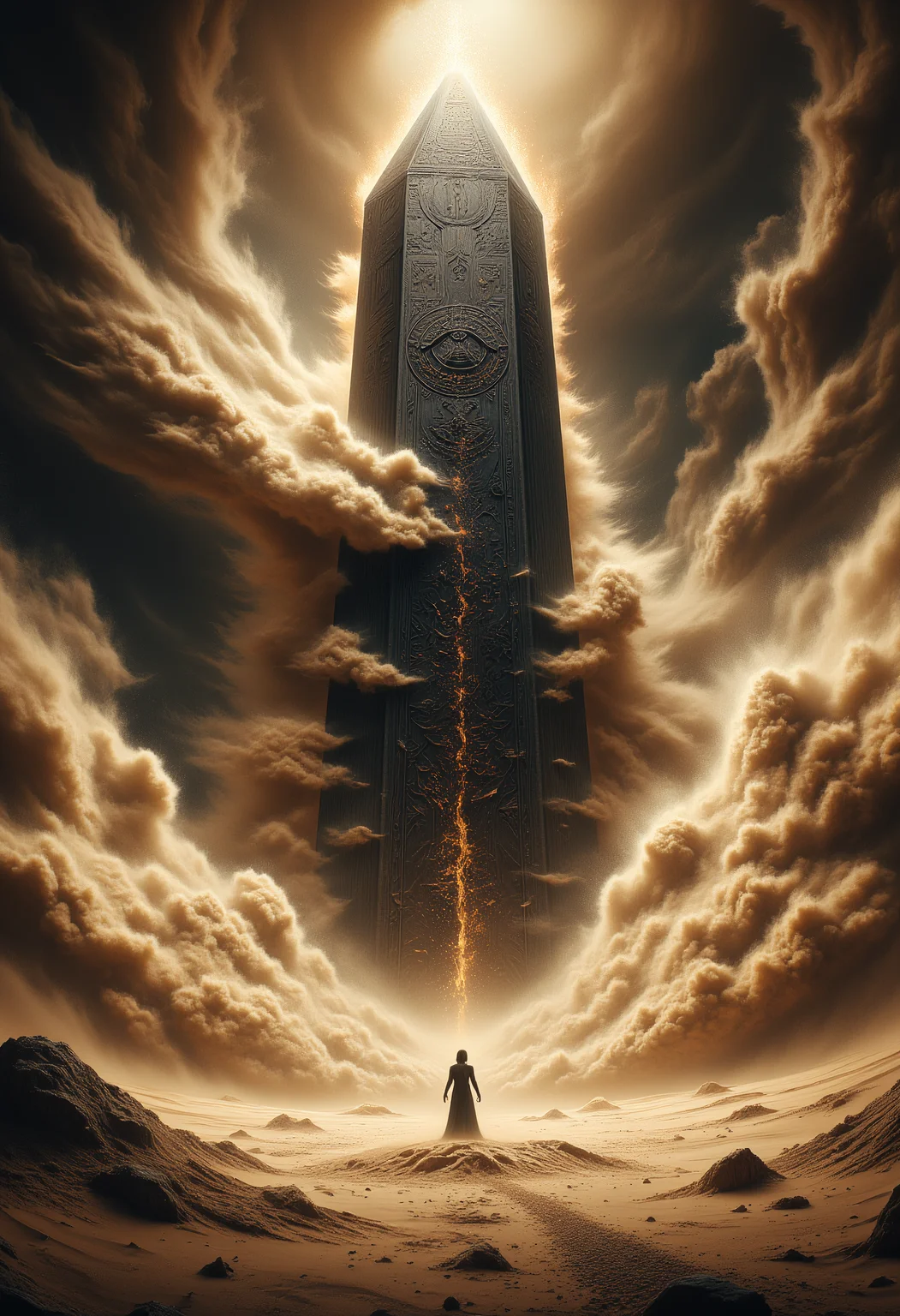 The Sandstormâs Eye
The desert is caught in the midst of a fierce, swirling sandstorm, the winds howling and the sand flying in every direction. In the eye of the storm stands a strange, unnatural structureâan enormous, obsidian obelisk, gleaming in the chaos. The sand seems to flow around it in a perfect circle, never touching its surface. The atmosphere is thick with an eerie, oppressive stillness in the eye of the storm, where the light is dim and the air feels charged with dark energy. The obeliskâs surface is covered in strange, glowing runes, and there is a sense of ancient power emanating from it. The storm rages on outside, but within this space, time itself seems to stand still.
ral-sand ral-ertmsphr aidmaMJ6.1