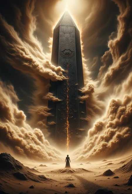 The Sandstormâs Eye
The desert is caught in the midst of a fierce, swirling sandstorm, the winds howling and the sand flying in every direction. In the eye of the storm stands a strange, unnatural structureâan enormous, obsidian obelisk, gleaming in the chaos. The sand seems to flow around it in a perfect circle, never touching its surface. The atmosphere is thick with an eerie, oppressive stillness in the eye of the storm, where the light is dim and the air feels charged with dark energy. The obeliskâs surface is covered in strange, glowing runes, and there is a sense of ancient power emanating from it. The storm rages on outside, but within this space, time itself seems to stand still.
ral-sand ral-ertmsphr aidmaMJ6.1