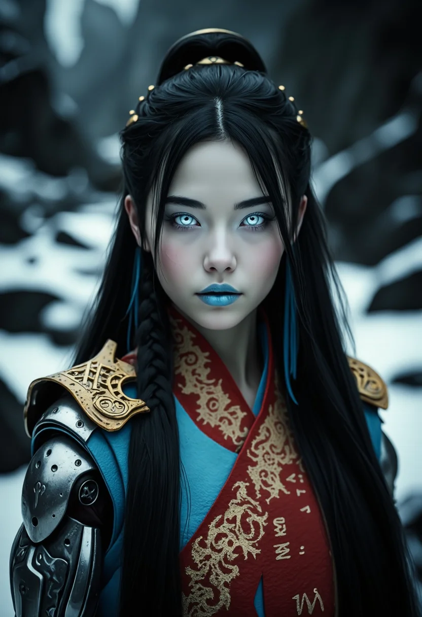 A captivating image emerges, focusing on a vikingpunk warrior-princess with her presence commanding attention in the icy wasteland. Her futuristic viking armor based on traditional viking armor, a seamless fusion of technology and her athletic form, slim-athletic form highlights her strength and agility. The warrior's twin braids with shaved sides, frames her determined expression, while her piercing eyes bore into the viewer. Ancient runes are etched into her battleaxe and armor, crackling with mystical glowing energy. The frozen landscape, a testament to her people's resilience, stretches into the distance, where dark, ominous clouds partially veil the rugged mountainous pass, filling the air with crispness and the promise of lightning. This artwork, with its Nordic and Viking-inspired elements, captures the essence of a powerful futuristic figure, seamlessly blending ancient traditions with futuristic innovations. Beauty, chiaroscuro, play of shadow and light, realistic, <lora:scifi/fluxPunk v11.safetensors:1.0>, <lora:art and styles/MysticFantasy.safetensors:1.0>, <lora:flux/flux realism lora.safetensors:1.0>,