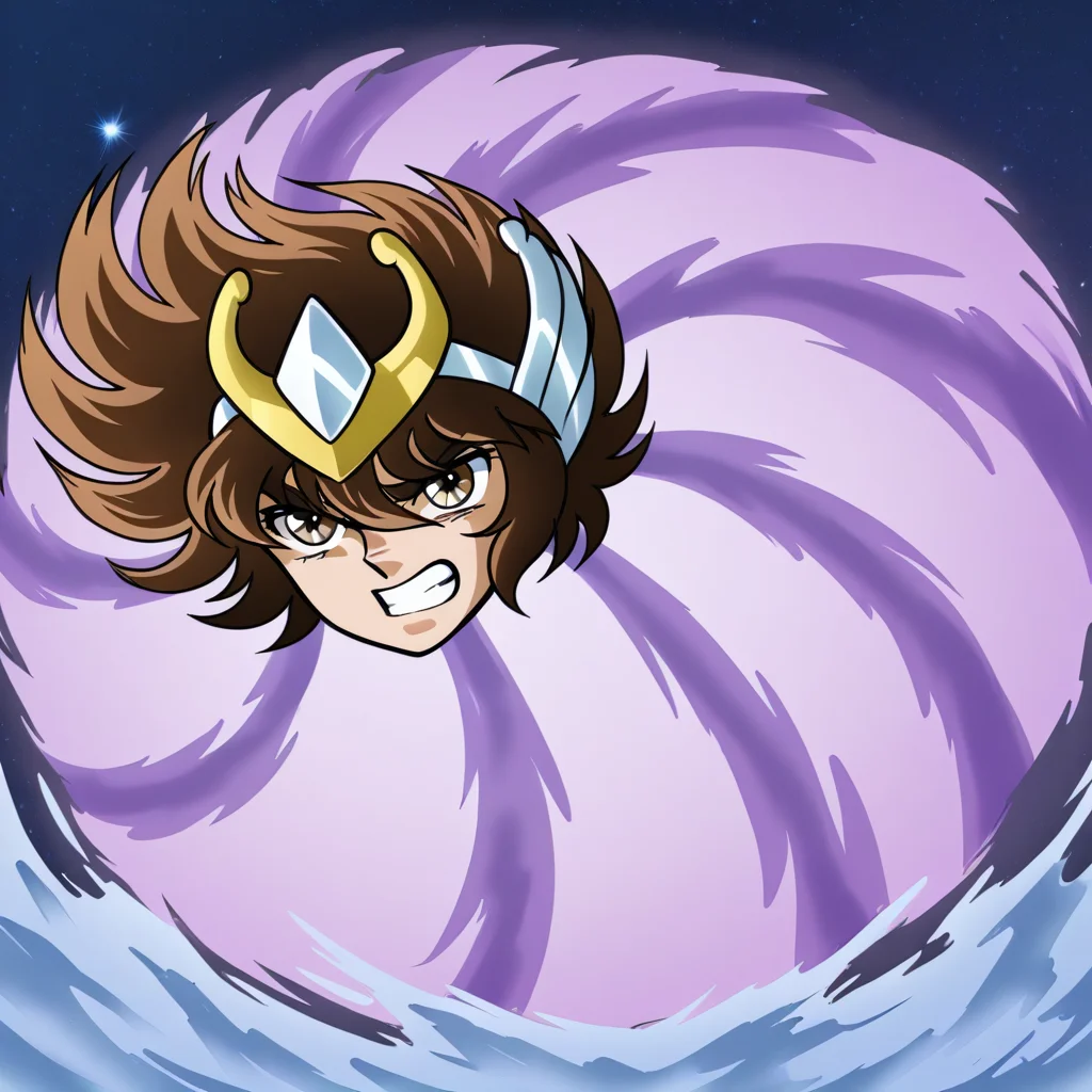 choukyuuhaoudeiedan, spinning, 1boy, solo,seiya,white crown, head only, blue smoke, clenched teeth, angry, galaxy background,