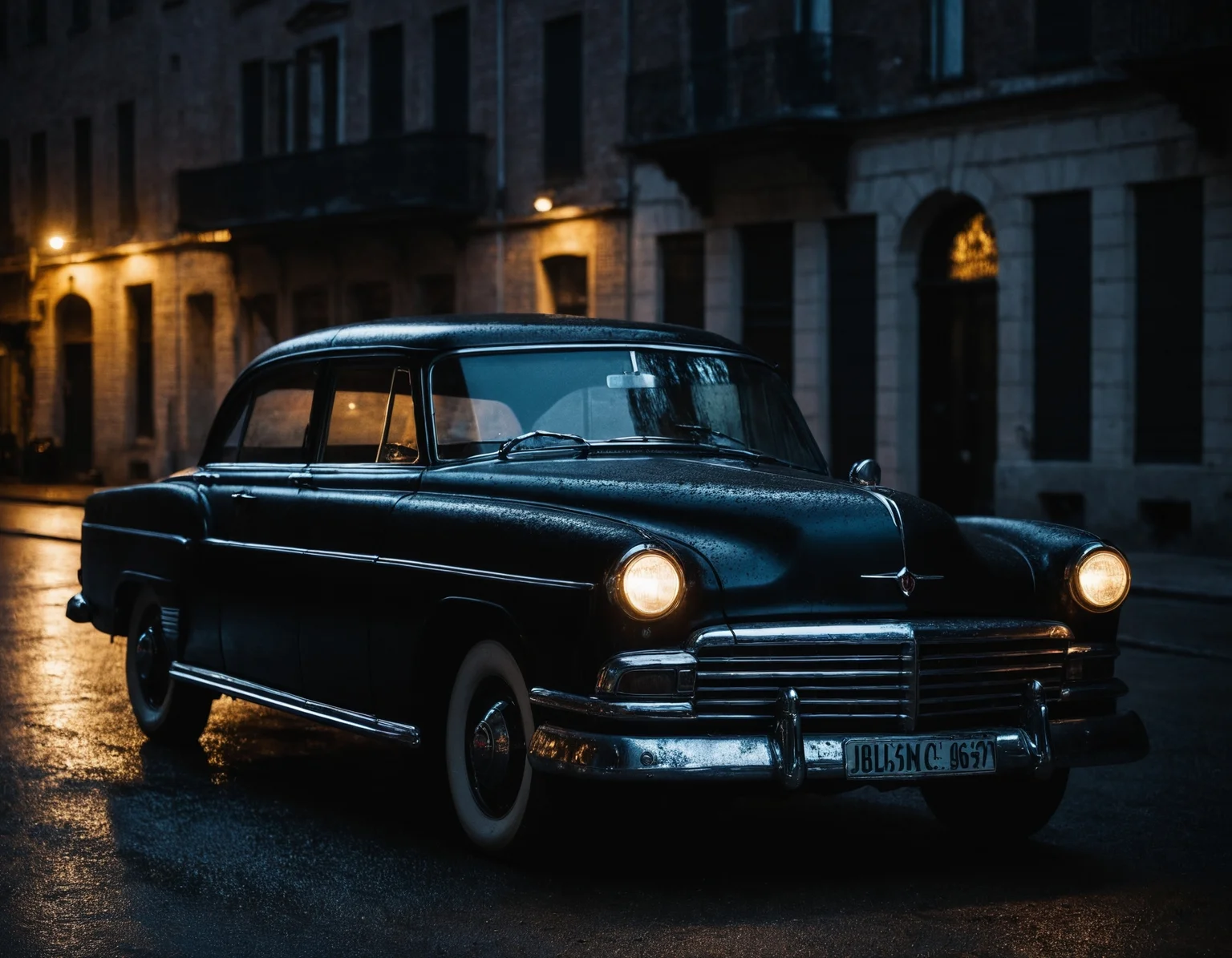 cinematic photo of old black car, perfect environment, dark shot, extremely detailed