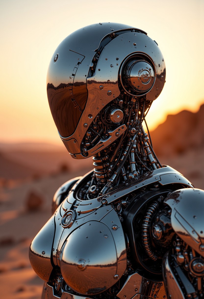 mythp0rt, view of the reflection of the landscape on the faceplate of a perfectly reflective robot in desert landscape at sunset, perfect lighting, perfect composition