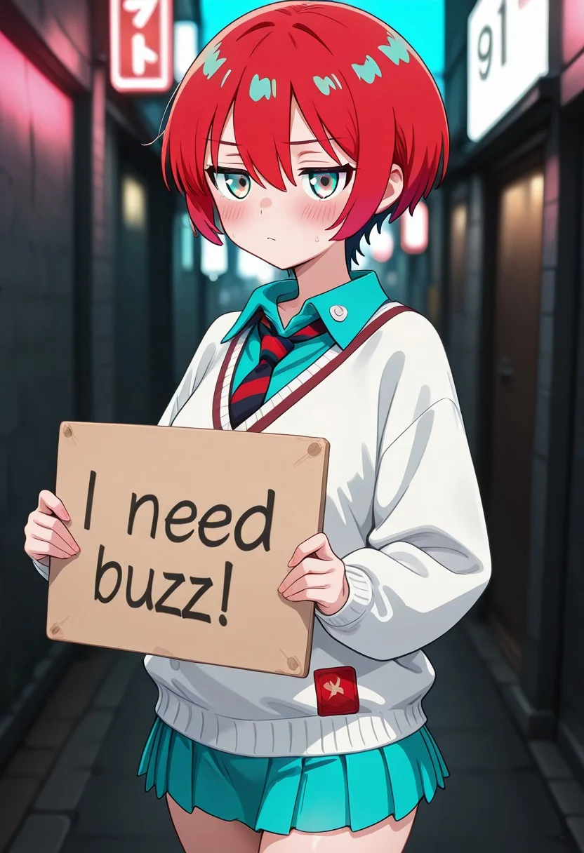 1girl, solo, need_buzz, holding sign, GQuX-amate_yuzuriha, red hair, multicolored hair, short hair, aqua eyes, multicolored eyes, small breasts, aqua shirt, jitome, striped necktie, white sweater, aqua skirt, cowboy shot, outdoor, Back Alley, neon lighting, simple background, depth of field, blurry background, solo focus, BREAK cute, pretty, blush, detailed eyes, high resolution eyes, perfect face, perfect eyes, perfect breasts, perfect hands, perfect ass, uncensored, (score 9, score 8 up, score 7 up, source anime, masterpiece, best quality, high quality, absurdres, absolutely resolution, incredibly absurdres, high res image, 8K),