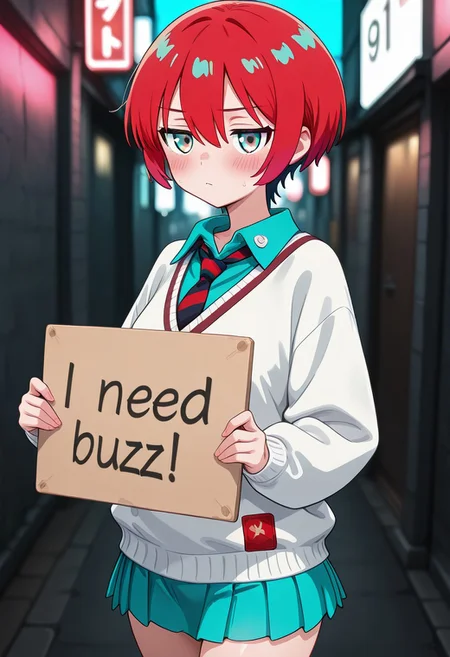 1girl, solo, need_buzz, holding sign, GQuX-amate_yuzuriha, red hair, multicolored hair, short hair, aqua eyes, multicolored eyes, small breasts, aqua shirt, jitome, striped necktie, white sweater, aqua skirt, cowboy shot, outdoor, Back Alley, neon lighting, simple background, depth of field, blurry background, solo focus, BREAK cute, pretty, blush, detailed eyes, high resolution eyes, perfect face, perfect eyes, perfect breasts, perfect hands, perfect ass, uncensored, (score 9, score 8 up, score 7 up, source anime, masterpiece, best quality, high quality, absurdres, absolutely resolution, incredibly absurdres, high res image, 8K),