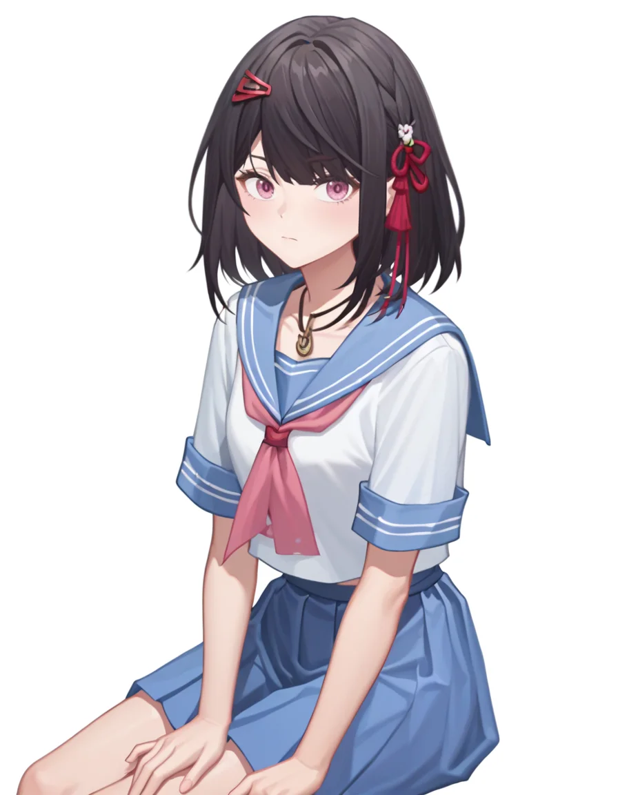 score_9,score_8_up,score_7_up,
simple background,white background,sitting,sailor,sailor skirt,sailor collar,serafuku,
<lora:yanzhen_pony2:0.6>,glcyanzhen,1girl,solo,hair ornament,medium hair,necklace,bangs,jewelry,pink eyes,black hair,<lora:Anime_Screencap:1>,anime screencap,