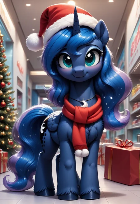 score_9, score_8_up, score_7_up, MegaFluffyPony, furry, fluffy ( princess Luna mlp detailed face cutie mark  winter snow on the ground 5.5), cute, very fuzzy,(detailed background) wearing a Santa hat and necklace and a scarf (cutie mark 5.5) Christmas decorations and Christmas tree in a shopping mall center huge shopping mall