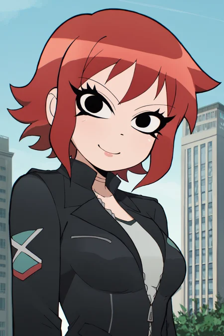 score_9, score_8_up, score_7_up, source_anime, aesthetic, intricate details, solo, 1girl BREAK
 <lora:Scott_Pilgrim_Takes_Off_style:1> scott_pilgrim_style, short hair, looking at viewer, upper body, black jacket, day, building, looking at viewer, red hair, light smile, breasts