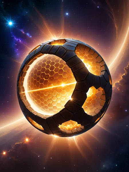 ethereal fantasy concept art of a bright star with a Dyson sphere shell made out of honeycomb pattern hexagonal plates, gaps, missing pieces, energy capture, solar flares, sci-fi, high tech, artistic render, NASA BREAK galactic background, gas clouds . magnificent, celestial, ethereal, painterly, epic, majestic, magical, fantasy art, cover art, dreamy