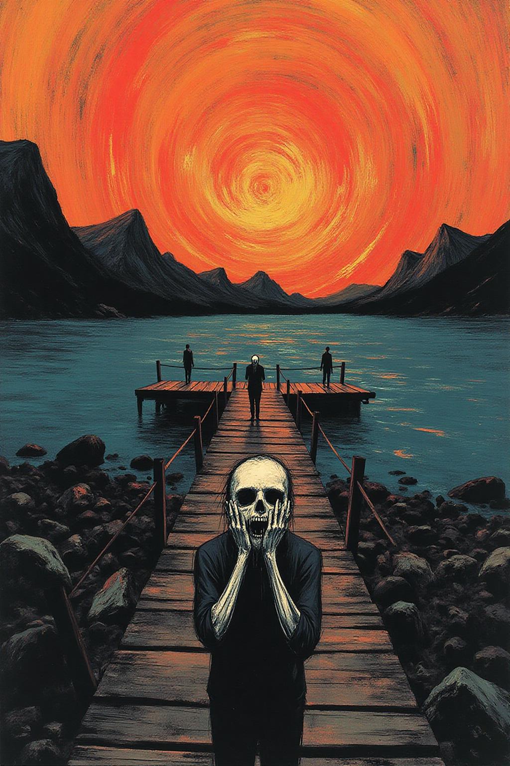 apoca1 illustration. a figure standing on a wooden bridge, clutching their face in despair, with a backdrop of swirling, fiery orange skies and deep blue water. The figure's skeletal, distorted form conveys a sense of anxiety and existential dread, emphasized by their wide, hollow eyes and open mouth. The bridge extends diagonally into the composition, framed by two shadowy figures in the background and fjord-like landforms in the distance. The overall scene is dynamic, with bold, swirling strokes and vibrant, contrasting colors creating an atmosphere of emotional turbulence, <lora:apocalypse_now4_nocap_d4a2:0.8><lora:803164506747554952:0>