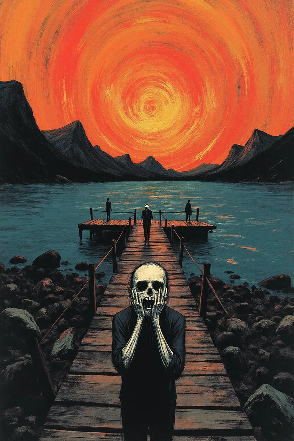 apoca1 illustration. a figure standing on a wooden bridge, clutching their face in despair, with a backdrop of swirling, fiery orange skies and deep blue water. The figure's skeletal, distorted form conveys a sense of anxiety and existential dread, emphasized by their wide, hollow eyes and open mouth. The bridge extends diagonally into the composition, framed by two shadowy figures in the background and fjord-like landforms in the distance. The overall scene is dynamic, with bold, swirling strokes and vibrant, contrasting colors creating an atmosphere of emotional turbulence, <lora:apocalypse_now4_nocap_d4a2:0.8><lora:803164506747554952:0>