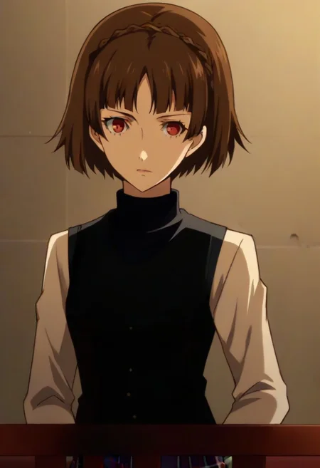 (source_anime), 1 girl, solo, nsfw, aged up, defMako, p5makoto, niijima makoto, short hair, bangs, brown hair, long sleeves, uniform, pantyhose, pleated skirt, turtleneck, plaid skirt,crown braid,uniform, black vest,