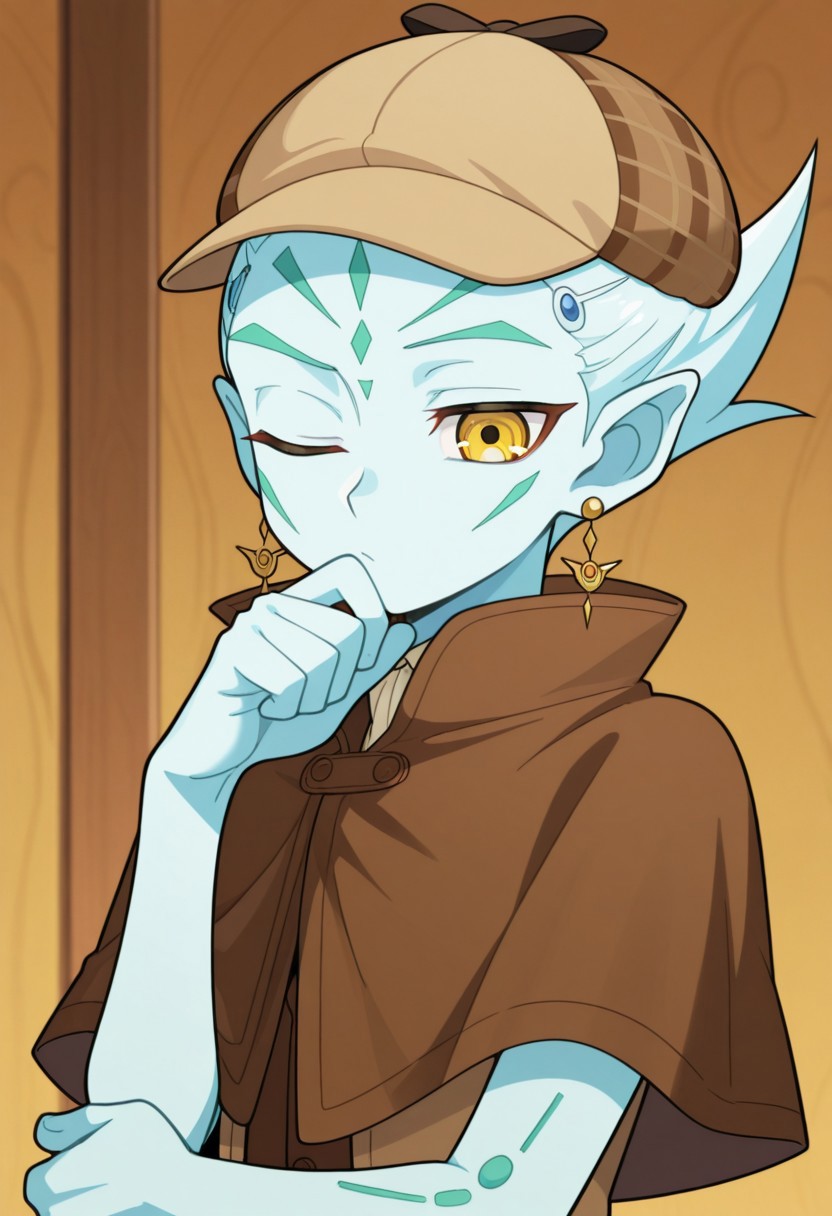 masterpiece,best quality,amazing quality, source_anime, 
astralzx, 1boy, male focus, solo, blue skin, spiked hair, pointy ears, earrings,  one eye closed, yellow eyes, upper body, sherlock holmes (cosplay), hat, deerstalker, brown capelet, thinking,