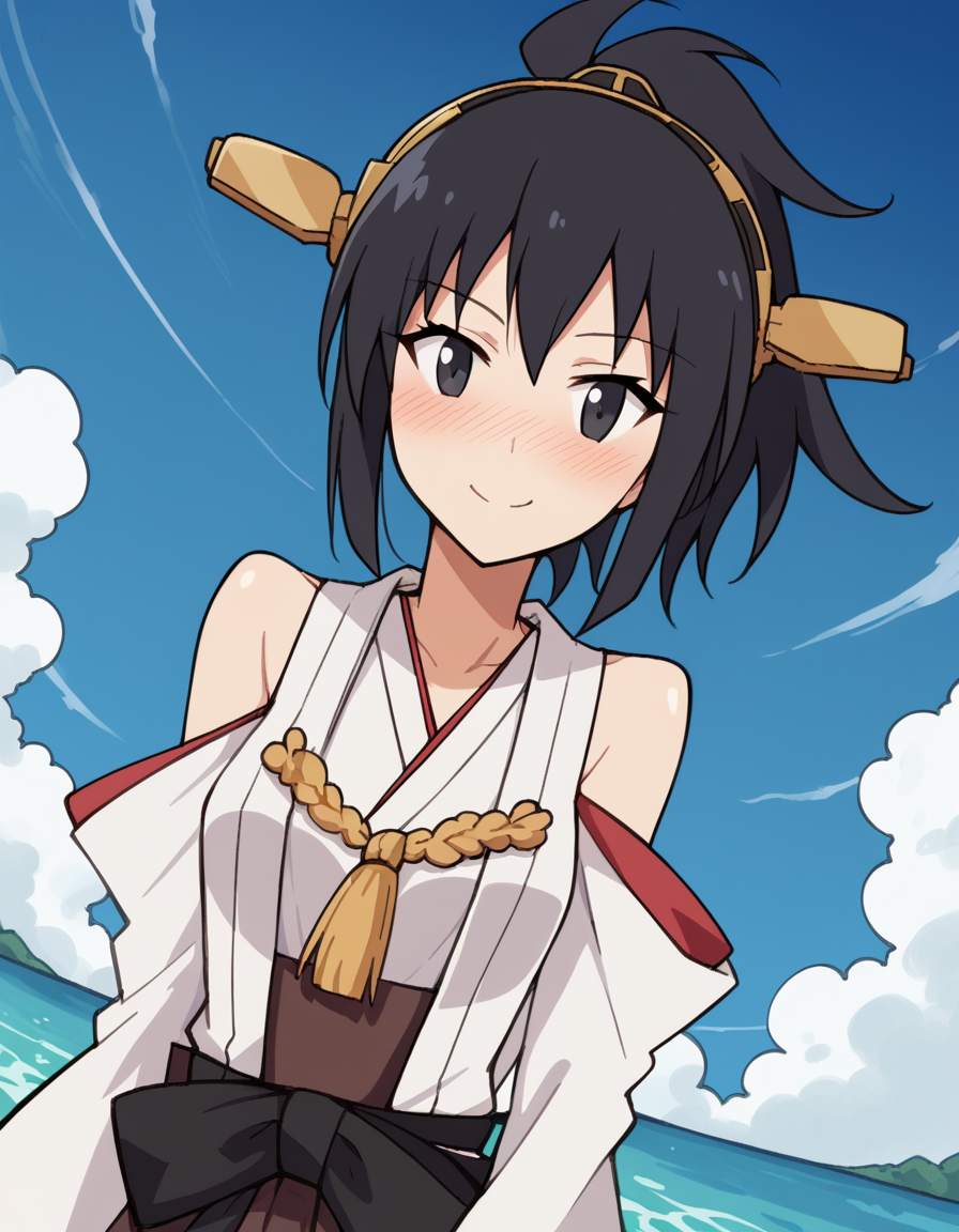 score_9, score_8_up, score_7_up, source_anime, <lora:sayaka-dejima-s2-ponyxl-lora-nochekaiser:1>, sayaka dejima, black hair, ponytail, black eyes, medium breasts,, <lora:kancolle-kongou-cosplay-ponyxl-lora-nochekaiser:1>, kancolle kongou cosplay, kongou (kancolle) (cosplay), kongou pose, nontradional miko, cosplay, ribbon-trimmed sleeves, ribbon trim, bare shoulders, headgear,, ocean, smile, blush, blue sky, v, cowboy shot, looking at viewer,, , dutch angle, cowboy shot