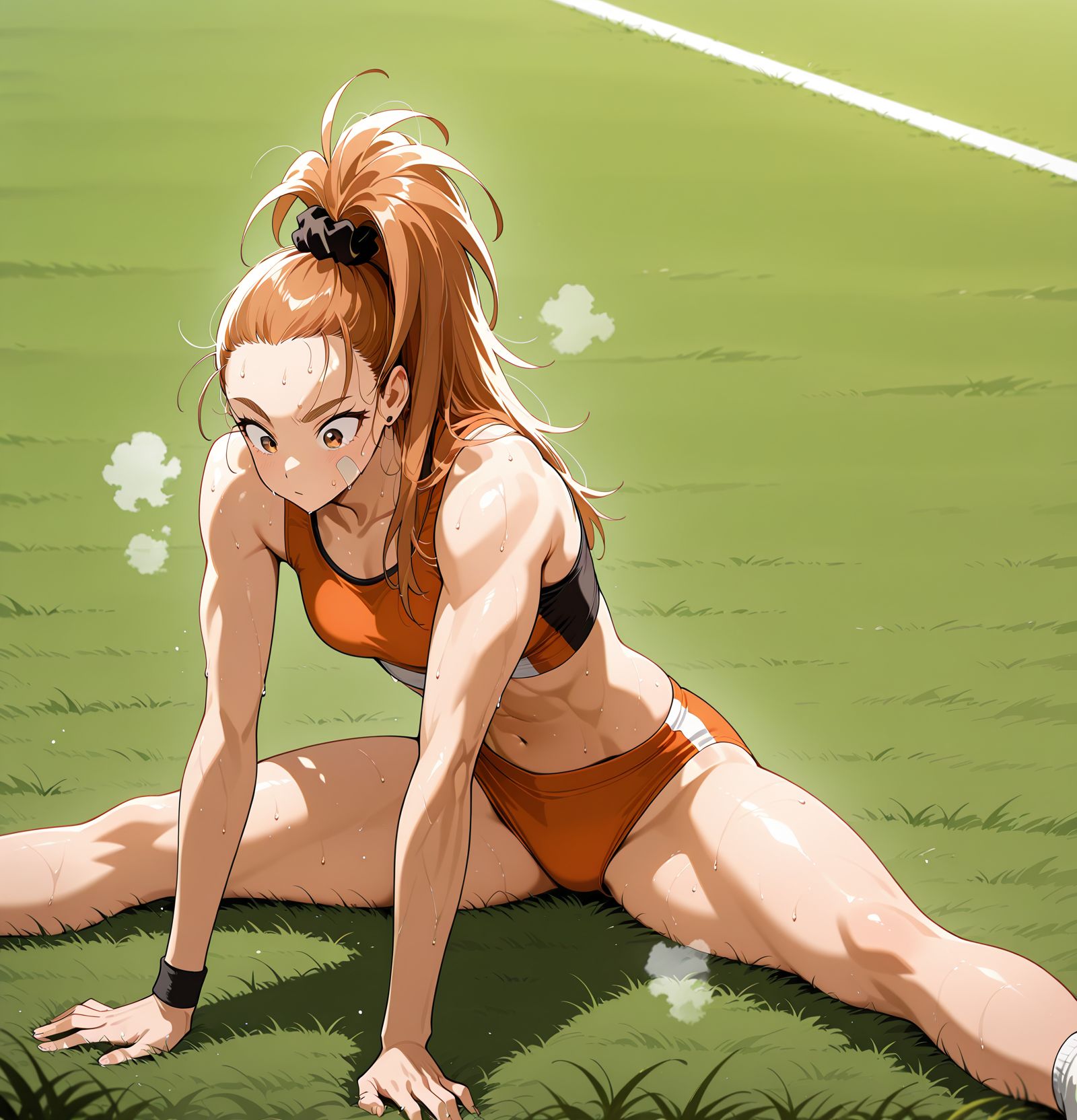 <lora:add-detail-xl:0.5>,,masterpiece,best quality,anime coloring,anime screenshot,
<lora:female_athlete:1>female_athleteV1,
1girl,solo,grass,buruma,
track and field,navel,sweat,
sports crop top,hands on ground,steam, 
track briefs,midriff,bent over, sweat, sweatdrop, 
sitting stretch,seated straddle stretch,seated split stretch,
<lora:CaptainMizuki(Manga)_ILXL_v1:0.8> captain mizuki,  bandaid on face, muscular female, toned, long hair, ponytail, forehead, hair scrunchie, 
sports bra, midriff, navel, linea alba, buruma,