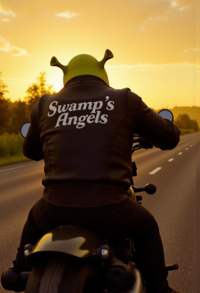 Shrek viewed from a three-quarter angle, showing both his back and part of his side as he rides a Harley at sunset. He's wearing a black leather jacket with 'Swamp's Angels' on the back, and shades. 