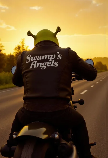 Shrek viewed from a three-quarter angle, showing both his back and part of his side as he rides a Harley at sunset. He's wearing a black leather jacket with 'Swamp's Angels' on the back, and shades.