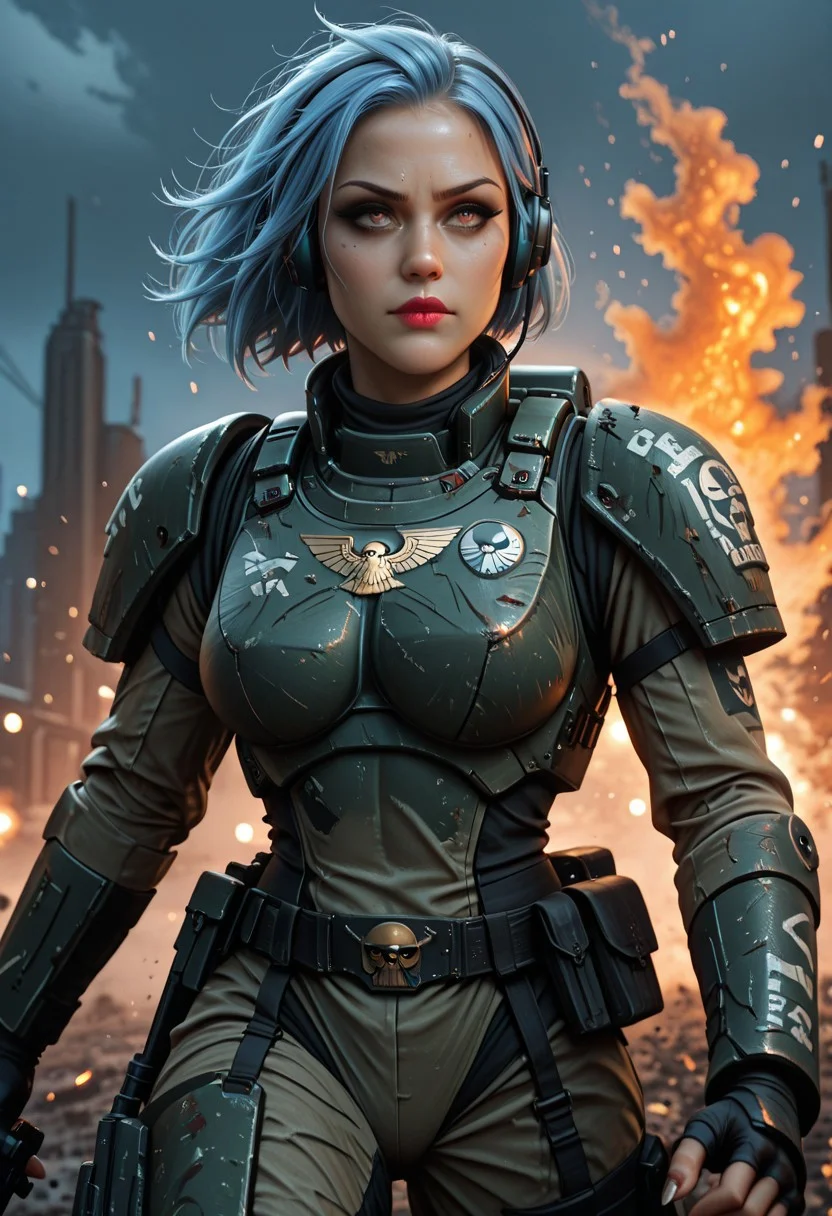 (Ultra-realistic, masterpiece, best quality, high-res, high detailed skin, finely detailed face, stunning artwork, very aesthetic, shallow depth of field, bokeh, cinematic lighting, film grain, motion blur:1.4, Dutch angle, vignette, foreshortening, cowboy shot from below, Cyberpunk, )
(1girl, Rem, short light blue hair, anime style, studio anime, source_ecchi, close-up, gun fighting stance, lascivious yet powerful expression, peaceful and tranquil aura within chaos)
(Petite body:1.3, large breasts, puffy glossy red lips, smoky eyes, mascara, makeup, sharp fingernails, blue forehead jewel, eyelashes)
(Wearing heavy white sci-fi combat medic armor, Astra Militarum, gun, headphone, eagle symbol, text "Astra Militarum", cinematic film still, battlefield setting with explosions, tracer shots, running through fire, epic scale)
(Futuristic dystopia, sci-fi tech, space marine aesthetic:1.4, Warhammer 40000-inspired, combat, city ruin battlefield, chaos vs order theme)
(In the style of Michael Bay, Zack Snyder, Christopher Nolan — high-budget Hollywood feel, epic orange & teal tones, moody atmosphere, grainy textures)