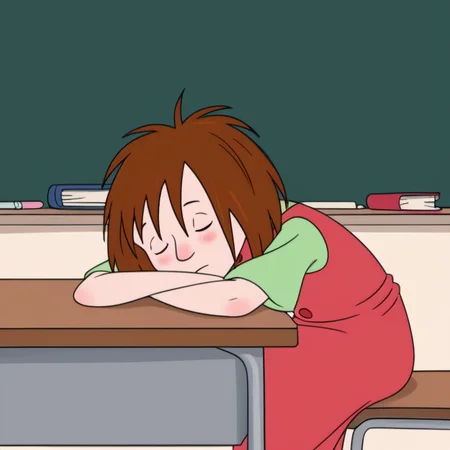 score_9, 1girl, solo, llhh1, brown hair, short hair, red dress, hand rest, closed eyes, blush, sleeping, desk, sitting, classroom, <lora:llhh1:1>,