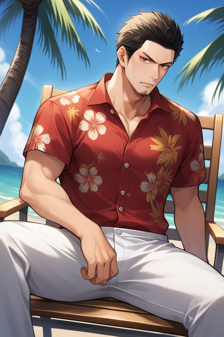 score_9, score_8_up, score_7_up, BREAK, <lora:kiryukazuma-guy-PONYv1:.85>, 1boy, solo, kiryukazuma, white pants, hawaiian shirt, red shirt, beach, sitting, beach chair, palm tree, muscular,