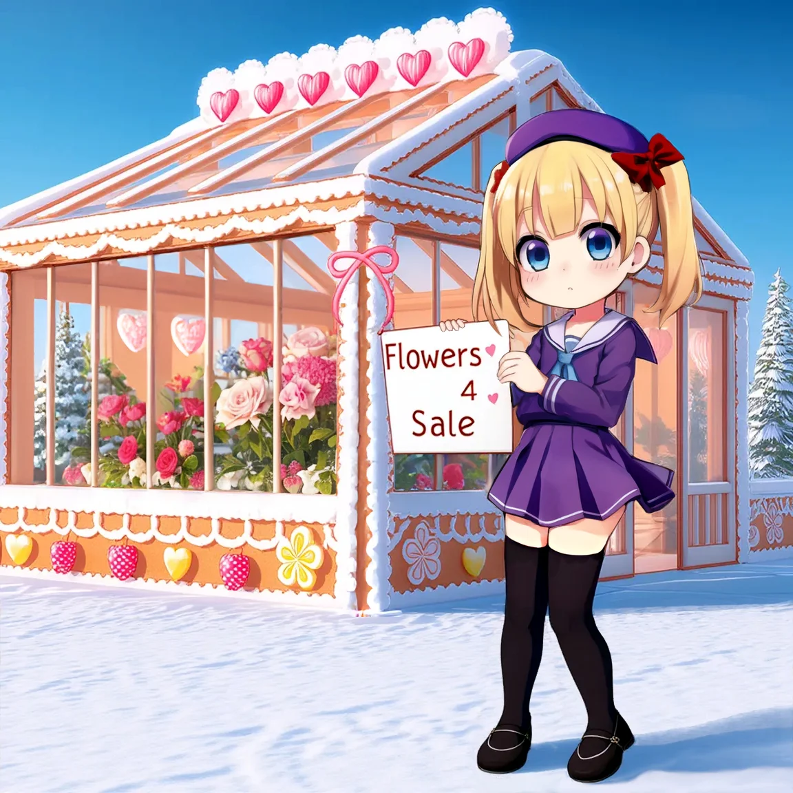 The outdoors winter scene with a deep blue sky is a crisp highly detailed cgi render of a well crafted gingerbread greenhouse sugar glass conservatory, with plants and flowers visible inside, decorated with frosting and gumdrops and hearts. 

Prominently featured shot from the waist up on the side in the foreground is a cute chibi moe anime girl with blonde twintails hair and french beret.

She's wearing, a pretty purple Dress School Uniform, and black zettai ryouki thighhighs, and large expressive blue eyes.

She is holding a sign that says, "Flowers♡ 4 Sale "