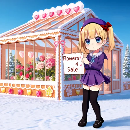 The outdoors winter scene with a deep blue sky is a crisp highly detailed cgi render of a well crafted gingerbread greenhouse sugar glass conservatory, with plants and flowers visible inside, decorated with frosting and gumdrops and hearts.
Prominently featured shot from the waist up on the side in the foreground is a cute chibi moe anime girl with blonde twintails hair and french beret.
She's wearing, a pretty purple Dress School Uniform, and black zettai ryouki thighhighs, and large expressive blue eyes.
She is holding a sign that says, "Flowers♡ 4 Sale "