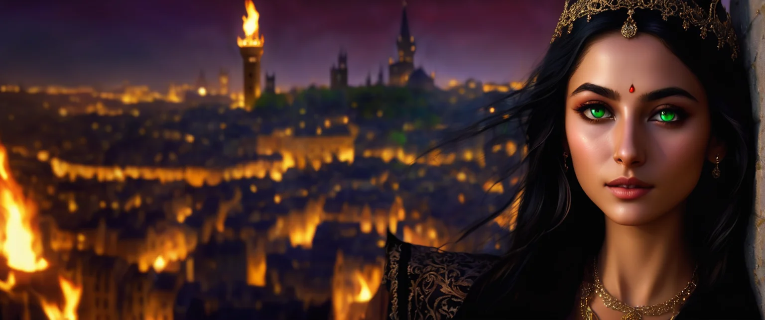 lakeside recreational park, Zoomed in, medium shot, show upper body, leaning into the photo, on top of a tower, Medieval city skyline in the background with many torches and fires in cauldrons and smoke, night sky, stars, galaxy, rainbow,
a beautiful arabic woman, with straight medium hair, tall slim figure, busty, iridescent green cat eyes, fox ears, belly piercing, with a beauty mark below left eye, necklace,
photo raw