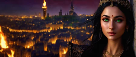 lakeside recreational park, Zoomed in, medium shot, show upper body, leaning into the photo,  on top of a tower, Medieval city skyline in the background with many torches and fires in cauldrons and smoke,  night sky, stars, galaxy,        rainbow,
a beautiful arabic woman, with straight medium hair, tall slim figure, busty, iridescent green cat eyes, fox ears, belly piercing, with a beauty mark below left eye, necklace,
photo raw