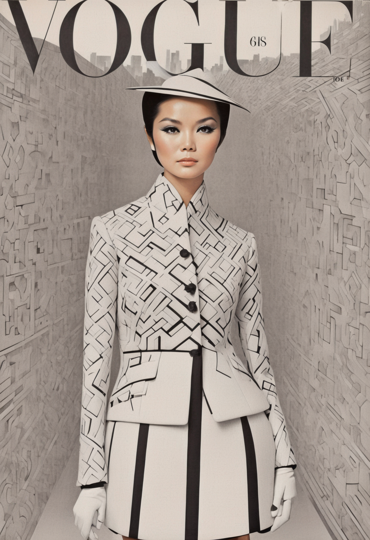 She asian geometric patterns, monochrome elegance, sharp contrasts, tailored suit, modern sophistication, Architectural Digest Fashion Feature, urban skyline backdrop.,highly intricate,(VOGUE Cover Magazine:1.15),1968, 60s, black letters, hyper detailed, photorealistic,,