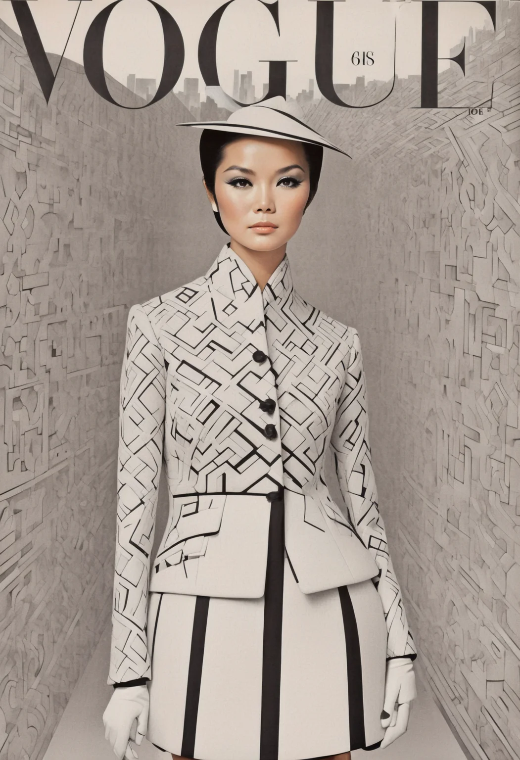 She asian geometric patterns, monochrome elegance, sharp contrasts, tailored suit, modern sophistication, Architectural Digest Fashion Feature, urban skyline backdrop.,highly intricate,(VOGUE Cover Magazine:1.15),1968, 60s, black letters, hyper detailed, photorealistic,,
