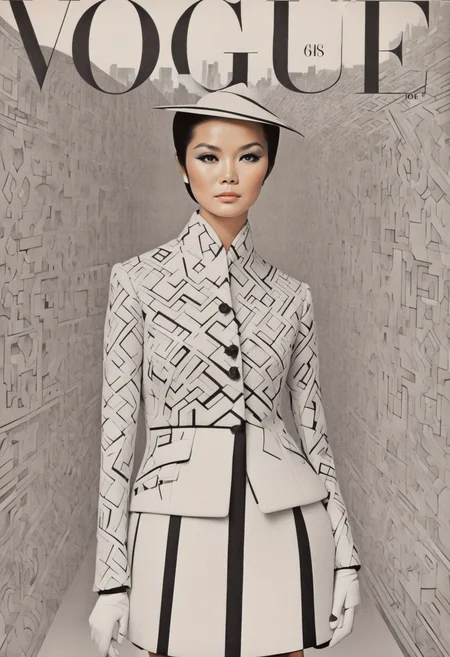 She asian geometric patterns, monochrome elegance, sharp contrasts, tailored suit, modern sophistication, Architectural Digest Fashion Feature, urban skyline backdrop.,highly intricate,(VOGUE Cover Magazine:1.15),1968, 60s, black letters, hyper detailed, photorealistic,,