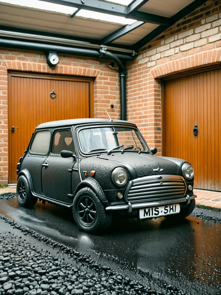 a classic mini cooper made of black ais-tarmac, parked in a brick garage with a concrete floor <lora:Fresh_Tarmac_SXDL:1>