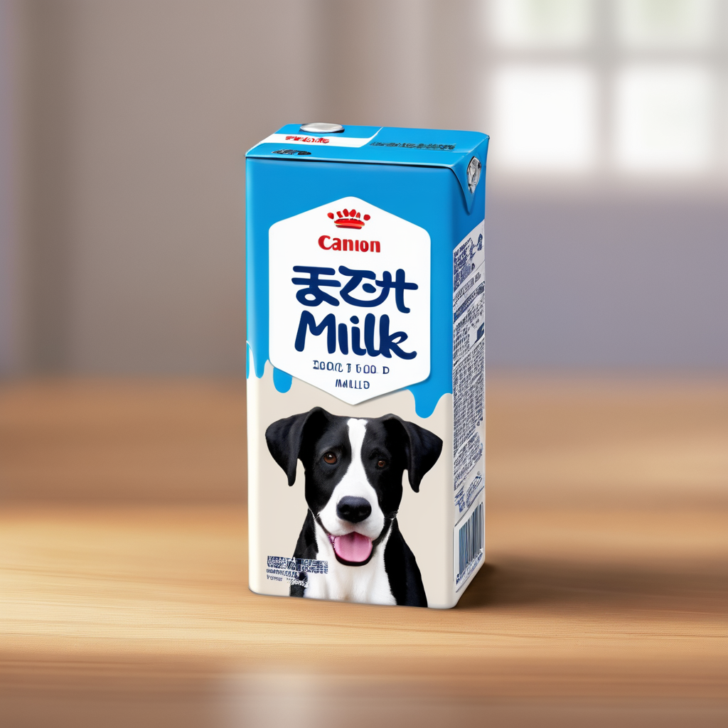 A can of dog milk beverage sitting on a wooden table, medium: photography, style: hyper-realistic with a focus on the texture and details of the can and liquid, lighting: soft, natural daylight filtering through a window to highlight the can's features, colors: vibrant yet natural, with a focus on the whites and blues of the can, composition: shot with a Canon EOS 5D Mark IV DSLR camera, EF 50mm f/1.8 STM lens, Resolution 30.4 megapixels, ISO sensitivity: 100, Shutter speed 1/125 second, <lora:boxdrinks:0.65>,packdrinks