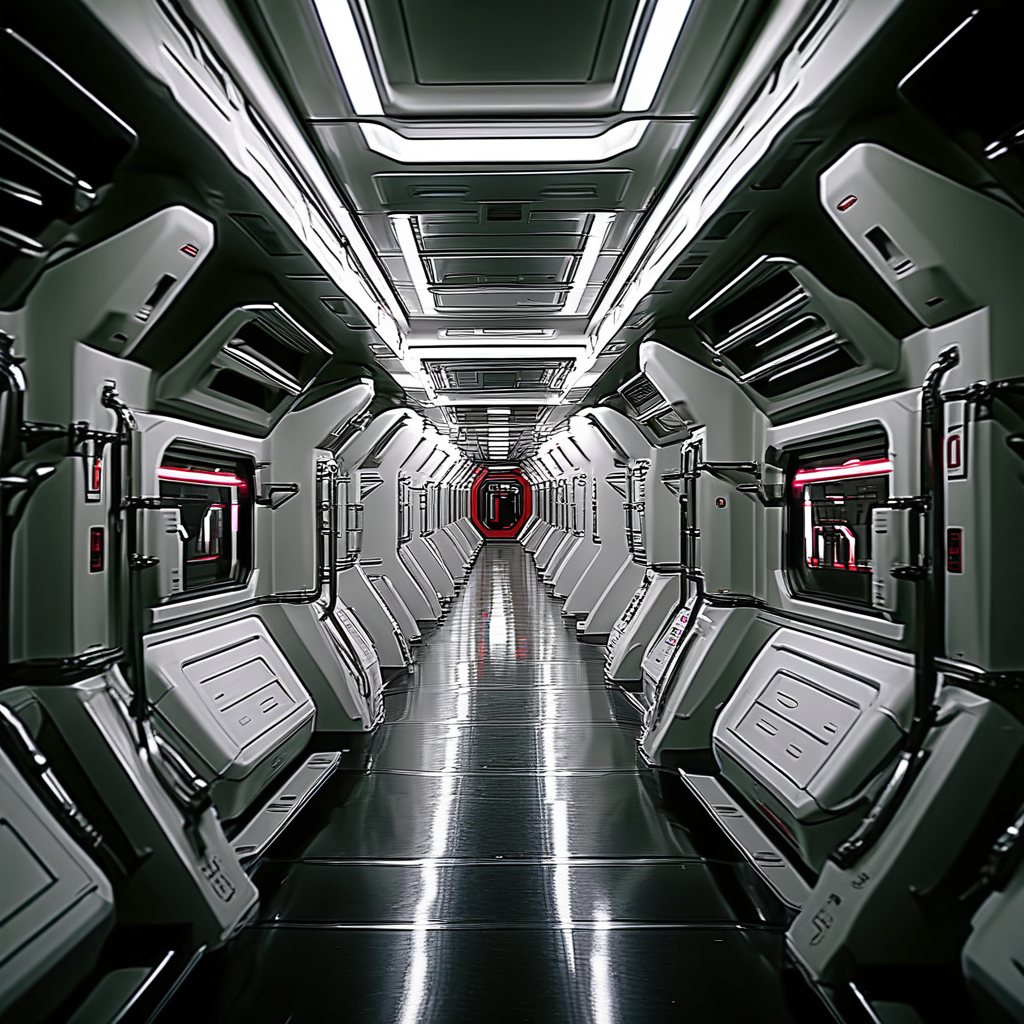 train interior, mecha, no humans, hallway