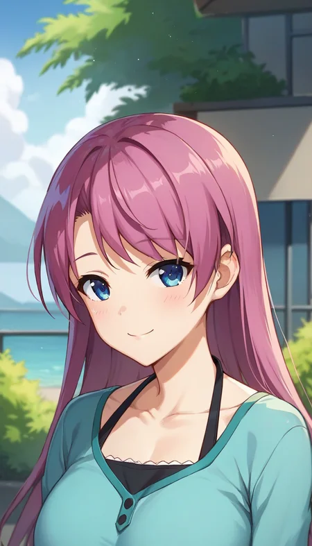 score_9,score_8_up,score_7_up,score_6_up BREAK official art,solo,outdoors,upper body,(portrait:1.5),looking at viewer,facing viewer,smile,blush,Haruka Makino,very long hair,purple hair,pink hair,side swept bangs,blue eyes,collarbone,halterneck,aqua shirt,long sleeves,large breasts,white pants,loafers,<lora:Haruka Makino(oc2)-Pony:1.4>,