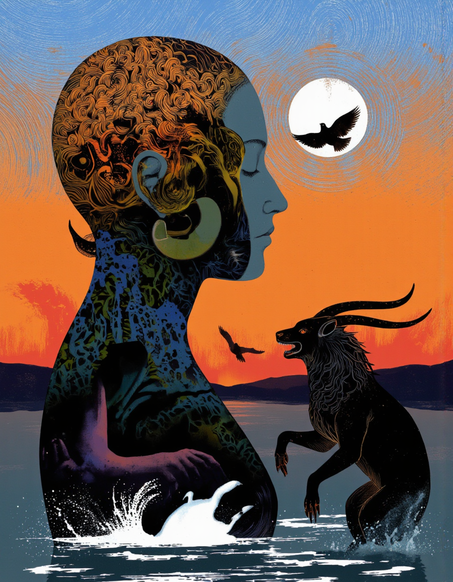 By Anna & Elena Balbusso. A surreal digital illustration shoot from a profile camera angle about a silhouette of a woman's head with silhouettes of animals and birds in a surreal landscape. the image also shows a sunset with a full moon in the background and silhouettes scattered throughout the scene. on the left side of the image, a woman appears to be in her mid-twenties, with her profile facing the viewer, and her hair is styled in a way that creates a sense of depth and dimension. she is standing in the middle of the frame, with a serene expression on her face. her eyes are closed, and she is facing away from the viewer. her body is slim and her expression is calm. her ears are not visible, but her hair style is detailed and she has a dreamy, ethereal quality to it. her hair color is a mix of orange, yellow, and black, with intricate patterns and swirls that create an ethereal atmosphere. her face is not visible as she is positioned in the frame. on her right side, a creature with horns and a long, flowing mane is depicted in a dynamic pose, with its arms outstretched and its mouth open, as if in a moment of surrendering. it is positioned to the right of the woman's face, and its body is in a state of motion. the creature on the right side is also shown in motion, and it is in motion as it leaps out of the water, with the creature in the foreground. the background is a gradient of orange and blue hues, and the overall effect is one of a dream-like landscape with swirling patterns and a fantasy theme.