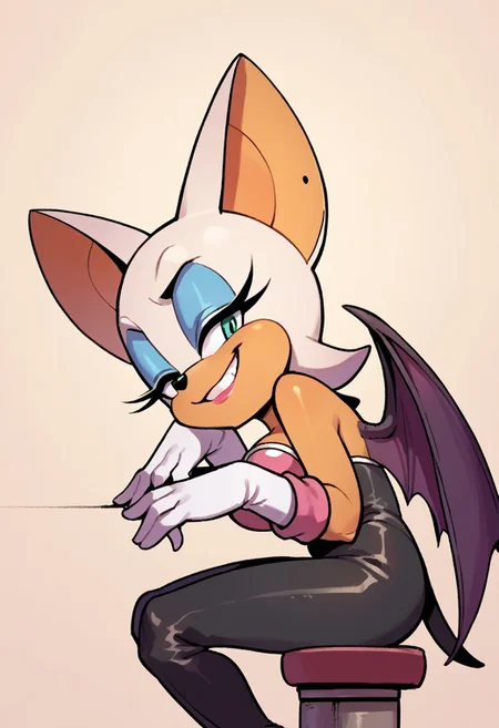 score_9, score_8_up, score_7_up, score_6_up, score_5_up, score_4_up, source_cartoon, flat colors, rouge the bat, bat wings, standing, smug, grin, cute, from side, side view, head rest on hand, tail,
