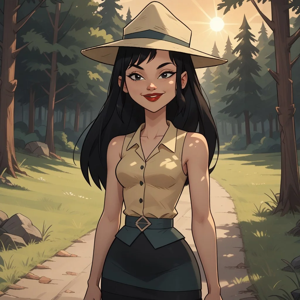 score_9, score_8, BREAK, solo, black hair, fedora hat, sleeveless shirt, black skirt, leggings, sneakers, red lips, lipstick, breasts, total drama, Sky_sister_(Total_Drama), cute, sexy pose, self portrait, smile, looking at viewer, outdoors, sunlight, shadows, evening lighting, natural lighting, forest, trees, grass, orange sky, sunset