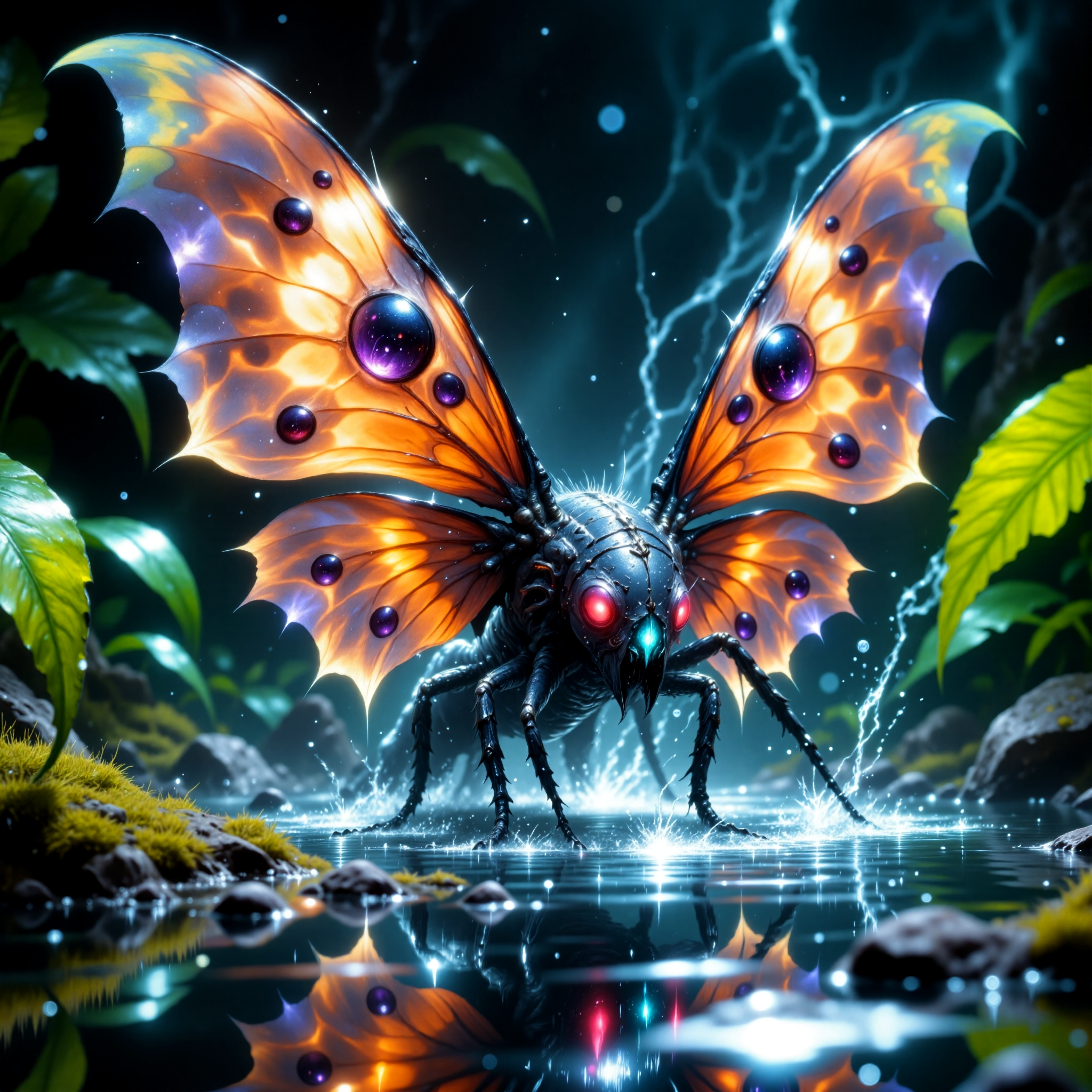 award-winning macro photo, short depth of field, hyper realistic,  bioluminescence, subsurface scattering, the elusive "vain diffenfuzz" is a tiny, zizzle-winged predator found gnarlfuddering through the sparkling glooptide pools of "frimflarb vi." its wibblywrambled body shimmers like metal, making it nearly invisible against the reflective surface of the pools. they hunt by striking with their glozzledunking, pointed  proboscis, extracting the iridescent ichor of the elusive "lurkling dripworms." the biome itself is an eerie mosaic of shallow, reflective pools framed by ridges of wooglepuffed, glittering stone and the considerable vegetation growing on those ridges, highly detailed, intricate, detailed background, golden ratio, arsmjstyle, dnddarkestfantasy, in the style of ck-ovf, aidmafluxpro1.1, 
amanoer, <lora:style-yoshitaka_amano-elden_ring-flux-by_alicient:0.6> 
<lora:style-dnd_dark_fantasy-flux-by_arsmachina:0.52> 
<lora:style-oneviolentfantasy-ep21-flux-by_chronoknight:0.8> 
<lora:flux_pro1.1_detailer-v0.2-flux-by_aidma:0.52>