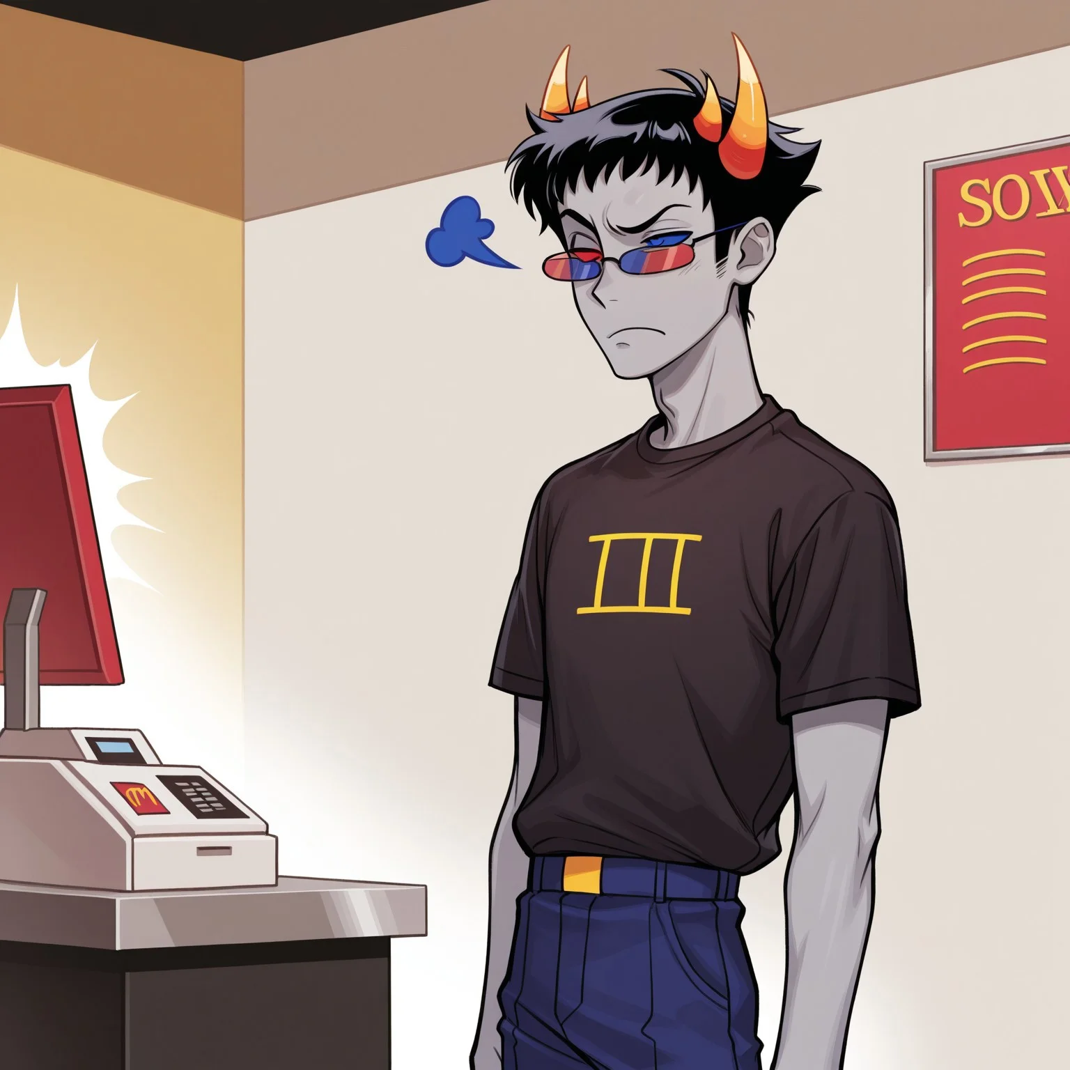 1boy, solo, waist up, ((standing behind cash register)), (from side), short male, Sollux Captor, grey skin, black hair, short hair, horns, red and blue glasses, colored sclera, (raised eyebrow), annoyed look, black shirt, pants, fast food uniform, holding clipboard, arms at sides, masterpiece, best quality, high res