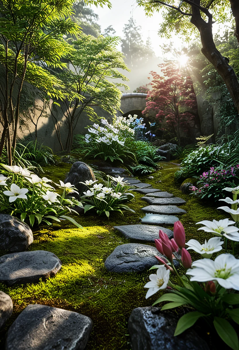 d577:0.25, A realistic Japanese courtyard garden with moss-covered mounds,natural stones and neatly arranged stepping stones forming a winding path, wabi-sabi aesthetics, spatial layering, and material harmony, a garden with rocks, flowers, and a tree in the fore of the sun shining through the trees in the background, trees and grass and rocks and plants and flowers and water and trees and foliage and bridge and bridge ' s lights and lights, cinematic lighting, glossy paper, iso150, 35mm, score_9, score_8_up, score_7_up, intricate details, Hyperrealism style, 3d, concept-art, dreaminess, psychedelic, shallow-depth-of-field, cinematic lighting, soft bokeh, very beautiful composition, Unreal, real-time 3D, Epic Games style, Unreal Engine style, 3d-rendering, vibrant contrast depth and shadow enhanced using (Gaussian blur) for a soft background focus, (sharpen filter) applied, (color grading) to enhance contrast between warm and cool tones, (noise reduction) for a smooth, clean finish, (HDR toning) used for extra depth and detail, highly detailed dreamy background detailed skin texture, subsurface scattering award-winning, professional, highly detailed . dreamlike, mysterious, provocative, symbolic, intricate, detailed, hyper-detailed, masterpiece, award winning, midjourneyv6.1