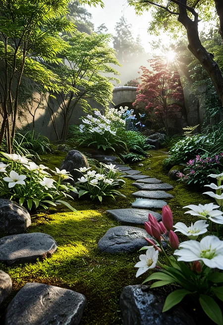 d577:0.25, A realistic Japanese courtyard garden with moss-covered mounds,natural stones and neatly arranged stepping stones forming a winding path, wabi-sabi aesthetics, spatial layering, and material harmony, a garden with rocks, flowers, and a tree in the fore of the sun shining through the trees in the background, trees and grass and rocks and plants and flowers and water and trees and foliage and bridge and bridge ' s lights and lights, cinematic lighting, glossy paper, iso150, 35mm, score_9, score_8_up, score_7_up, intricate details, Hyperrealism style, 3d, concept-art, dreaminess, psychedelic, shallow-depth-of-field, cinematic lighting, soft bokeh, very beautiful composition, Unreal, real-time 3D, Epic Games style, Unreal Engine style, 3d-rendering, vibrant contrast depth and shadow enhanced using (Gaussian blur) for a soft background focus, (sharpen filter) applied, (color grading) to enhance contrast between warm and cool tones, (noise reduction) for a smooth, clean finish, (HDR toning) used for extra depth and detail, highly detailed dreamy background detailed skin texture, subsurface scattering award-winning, professional, highly detailed . dreamlike, mysterious, provocative, symbolic, intricate, detailed, hyper-detailed, masterpiece, award winning, midjourneyv6.1