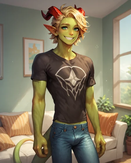 score_9, score_8_up, score_7_up, rating_questionable, intricately detailed,
<lora:Solmyr:0.8>,
<lora:HoshiBoys_Style:1>,
1boy(Solmyr, male, green skin, red horns, cowboy shot, t-shirt, jeans, solo, looking at the viewer, smiling), cozy living room, indoors, detailed background, depth of field,
<lora:xl_more_art-full_v1:0.3>,
<lora:add-detail-xl:0.3>
