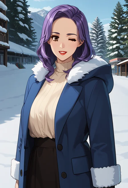 score_9, score_8_up, score_7_up, BREAK Yayy,1girl,brown eyes,purple hair,makeup,large breasts,blue coat,ski,ski resort,winking,<lora:Mojet-000007:1>