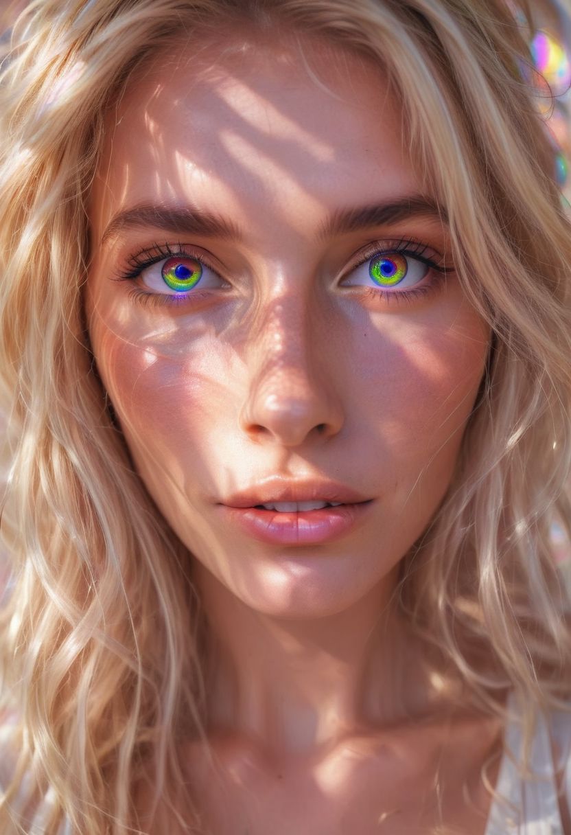 Stunning sharpness, still photoshooting, Portrait, artistic, chill ambiance, flirty, blonde blonde colorful spiral rainbowiridal eyes, smiling, iphone photography