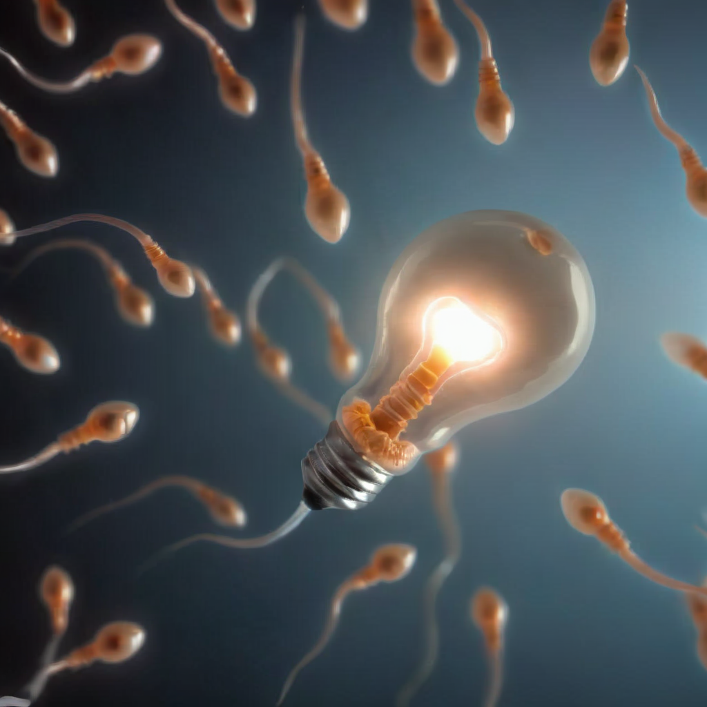 light bulb side shot glowing surrounded by a lot gametes spermazoid, cinematic <lora:gametes :1>